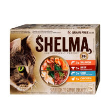 Shelma gabonamentes alutasakos macskaeledel lazac, marha, csirke tőkehal ízesítéssel 12x85g
