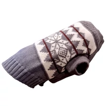 Téli kötött kutyapulóver  - norvégmintás, hópelyhes motívummal szürke XL-es méret