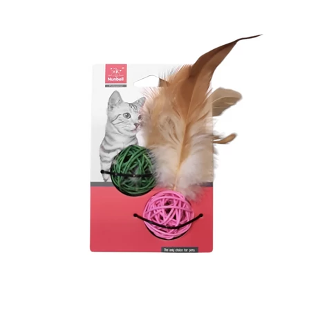 Cicajáték csörgős rattanlabda tollakkal 2db-os