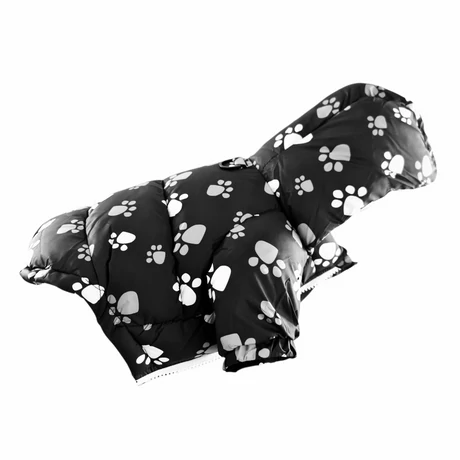 Téli kutyakabát tappancsmintával – fekete színben, kapucnival M-es méret