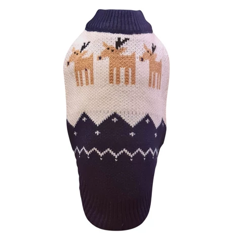 Karácsonyi kötött kutyapulóver – rénszarvas mintával L-es méret kék