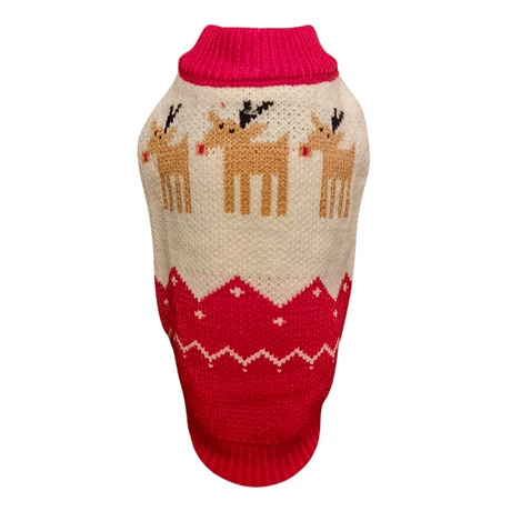 Karácsonyi kötött kutyapulóver – rénszarvas mintával S-es méret piros